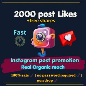 Può includere: Grafica pubblicitaria per la promozione dei post di Instagram. L'immagine presenta un personaggio di una fotocamera dei cartoni animati con braccia e gambe, un'icona a forma di cuore rosso e il testo che recita "2000 Mi piace ai post + condivisioni gratuite". Il testo aggiuntivo include "Promozione dei post di Instagram" e "Portata organica reale".