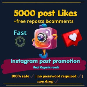 Könnte beinhalten: Werbung für Instagram-Beiträge. Das Bild zeigt eine Cartoon-Kamerafigur mit lächelndem Gesicht, eine rote herzförmige Sprechblase und den Text „5000 Post-Likes + kostenlose Reposts & Kommentare“. Zusätzlicher Text lautet „Schnell“, „Instagram-Beitragswerbung“ und „100 % sicher“.
