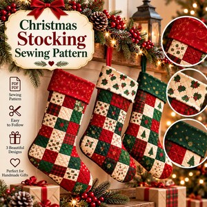 Patrón de costura para calcetín navideño en PDF, patrón de calcetín acolchado con patchwork, decoración navideña DIY, patrón de costura para fiestas, descarga digital