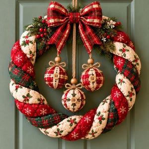 May include: A quilted fabric wreath featuring braided red, green, and cream sections with snowflake and holly patterns. A large plaid bow sits at the top, with three matching fabric ornaments hanging from jute twine, each accented with a wooden button.