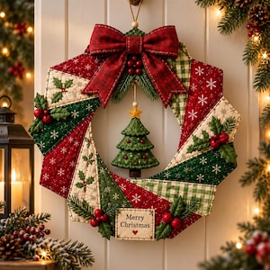 May include: A quilted fabric wreath featuring a red plaid bow at the top, alternating segments of red and green fabric with snowflake and holly patterns, and a central hanging green Christmas tree ornament with a small sign reading Merry Christmas.