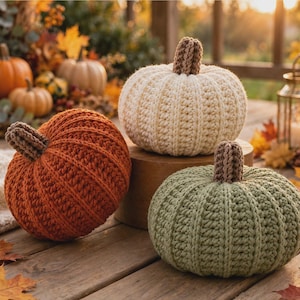 Può includere: Tre zucche realizzate all'uncinetto a mano nei colori arancione, crema e verde salvia. Ogni zucca presenta un motivo a coste testurizzato e un piccolo stelo marrone sulla parte superiore. Le zucche sono disposte insieme, mostrando la trama.
