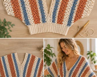 Patron de haut chauve-souris au crochet | Chemise d'été bohème à col en V (Téléchargement PDF)