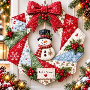 Patrón de costura en PDF para corona navideña de muñeco de nieve, corona acolchada "Let It Snow", decoración navideña de patchwork para puerta, patrón digital de costura navideña.