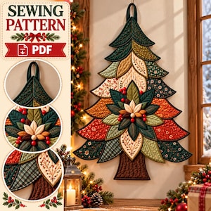 Könnte beinhalten: Ein Wandbehang-Nähschnittmuster für einen Weihnachtsbaum aus Stoff mit geschichteten, gesteppten Blattformen in Grün-, Rot- und Cremetönen. Das Design umfasst einen zentralen blütenartigen Akzent, einen braunen Stamm und eine Aufhängeschlaufe.