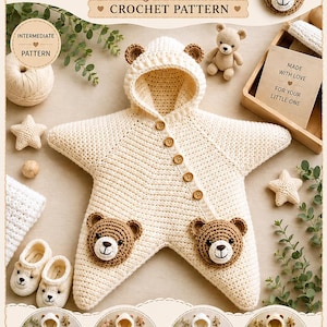 May include: A crochet pattern for a cream-colored star-shaped baby onesie with a hood and brown teddy bear face accents. The onesie features a diagonal button closure. The image includes text: TEDDY STAR Baby Onesie CROCHET PATTERN.