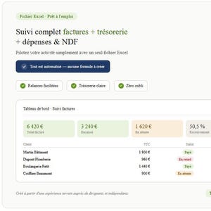 Peut inclure: Capture d'écran d'une interface Excel affichant des données de suivi financier. L'interface présente le suivi des factures, la gestion de la trésorerie et le suivi des dépenses. Les indicateurs clés incluent le total des factures, les montants encaissés et en attente.