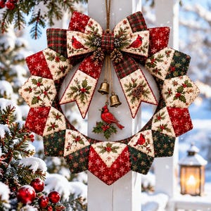 May include: A quilted fabric wreath featuring a patchwork design of red and green patterns with holly, snowflakes, and cardinal birds. A large fabric bow sits at the top, with two small brass bells and a cardinal ornament hanging from the center.
