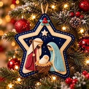 May include: A star-shaped felt Christmas ornament featuring a nativity scene with figures in cream, red, and blue. The dark blue star has cream stitching, a small white star at the top, and a holly sprig accent. It hangs from a jute twine loop.