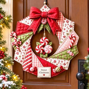 Puede incluir: Una corona de tela acolchada con patrones en rojo, blanco y verde con detalles de bastones de caramelo. Un gran lazo rojo corona la parte superior, mientras tres adornos de menta cuelgan en el centro. Una etiqueta rectangular dice Sweet Christmas.