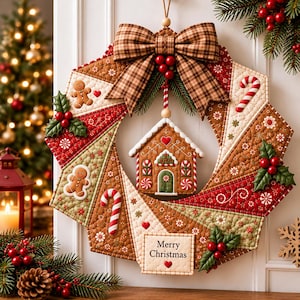 May include: A quilted fabric Christmas wreath featuring a brown plaid bow, gingerbread house ornament, candy canes, gingerbread men, holly berries, and a rectangular tag with the text Merry Christmas. The wreath is constructed from triangular fabric segments in red, green, and tan patterns.