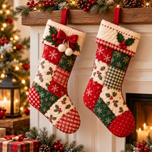 May include: Two quilted Christmas stockings featuring a patchwork design of red and green squares with snowflake and holly patterns. The stockings have cream-colored cuffs, one with a red bow and white pom-poms, and the other with holly berries.
