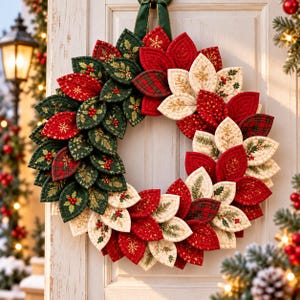May include: A circular holiday wreath constructed from layered fabric leaves in shades of deep green, bright red, and cream. The leaves feature quilted textures, embroidered gold snowflakes, holly berry patterns, and plaid prints, all suspended by a green ribbon.