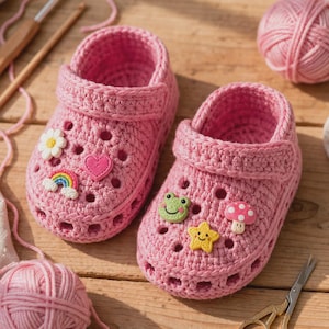 May include: A pair of pink crocheted clogs featuring a perforated design and a heel strap. The left shoe is decorated with a white flower, a pink heart, and a rainbow. The right shoe features a green frog, a yellow star, and a red mushroom.