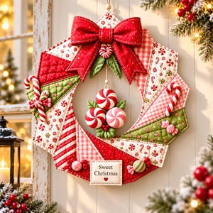 Pode incluir: Uma guirlanda de Natal de tecido acolchoado com padrões vermelhos, verdes e brancos, um grande laço vermelho no topo, detalhes de bengalas doces e um ornamento central suspenso de três balas de hortelã. Uma etiqueta diz Sweet Christmas.