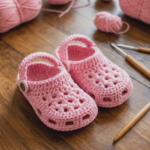May include: A pair of light pink crocheted baby clogs featuring a textured, perforated design on the upper, a rounded toe, and a pivoting heel strap secured with a small brown button on each side. The footwear is crafted from soft yarn.