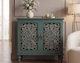 Vintage Style Carved Accent Cabinet: Hand-Crafted Wood Storage with Roman Column Legs