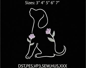 Diseño de bordado de perro, archivo de bordado a máquina de perro lineal con flores, diseño minimalista de arte lineal de mascotas, descarga instantánea de archivo digital