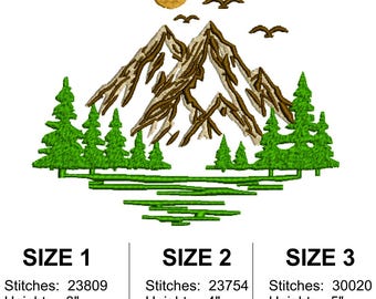 Diseño de bordado de bosque de pinos junto a un lago de montaña, patrón de escena natural (descarga digital)