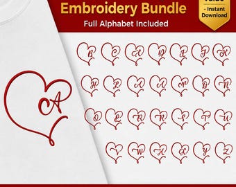 Paquete de diseños de bordado de monogramas con alfabeto de corazón, archivos de bordado a máquina de letras de amor en espiral de la A a la Z, diseño de sudadera inicial DST PES