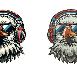 May include: Two graphic illustrations of a bald eagle head wearing red, blue, and black over-ear headphones and dark-tinted sunglasses. The eagle has white head feathers, a yellow beak, and dark gray neck plumage, presented in a clean, bold style.