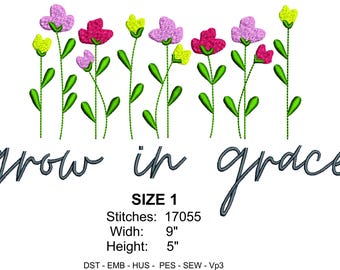 Diseño de bordado de flores "Crece en Gracia" / Archivo para máquina de bordar con cita cristiana