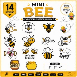 Puede incluir: Una colección digital de 14 diseños de bordado de mini abejas con varias ilustraciones de abejas amarillas y negras, tarros de miel y texto como Let it Bee, Bee Lovely, Cute as can Bee, Let's Bee Friends y Happy. Incluye 3 tamaños: 5, 7.5 y 10 cm.