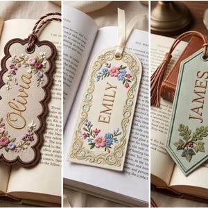 May include: Three rectangular bookmarks featuring embroidered floral designs and names. The first is beige with brown scalloped edges and the name Olivia. The second is cream with gold filigree and the name Emily. The third is sage green with the name James.