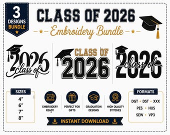 Paquete de diseños de bordado para la promoción de 2026: birretes y chaquetas de graduación (descarga instantánea).