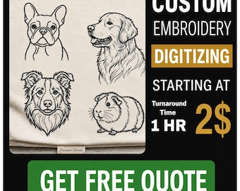 Servicio de digitalización de bordados personalizados, retratos de mascotas, conversión de logotipos, entrega rápida.