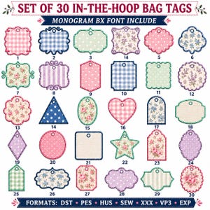 May include: A set of 30 in-the-hoop bag tags featuring various shapes including rectangles, circles, hearts, and stars. The tags display diverse patterns such as gingham, polka dots, and floral prints with embroidered edges and a hole for hanging.