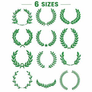 May include: A collection of twelve green laurel wreath embroidery designs arranged in a grid, featuring various leaf patterns and shapes. The text 6 SIZES is displayed in green at the top center of the image, indicating the available variations.