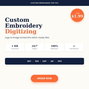 Puede incluir: Un anuncio de servicio digital para digitalización de bordados personalizados, convirtiendo logotipos e imágenes en archivos listos para bordar. Incluye entrega en 1 hora, soporte 24/7, satisfacción garantizada y revisiones gratuitas para DST, PES, EXP, JEF y VP3.
