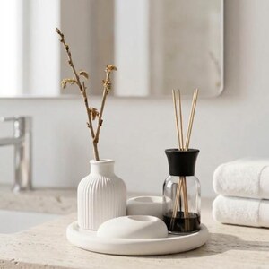 Decorative Ceramic Home Set, Vase Candle Holder and Reed Diffuser Tray, Minimalist 5 Piece Home Decor Set