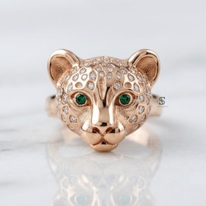 Panther Ring With Green Eyes, Pave Diamond Jaguar Ring, Bold Animal Statement Ring, Luxury Big Cat Jewelry, 925 Silver Leopard Band For Her