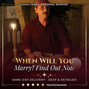 Könnte beinhalten: Ein Bild mit dem Text "JONAS TAROT PERSONAL READING" und "WHEN WILL YOU Marry? Find Out Now". Das Bild enthält auch den Text "SAME-DAY DELIVERY • DEEP & DETAILED" und "TRUSTED READING". Eine Person ist im Bild.