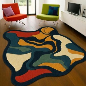 Ręcznie robiony dywan o nieregularnym kształcie – abstrakcyjny, wielokolorowy, tuftowany dywan wełniany, nowoczesny dywan o organicznym kształcie do salonu, artystyczny dywanik