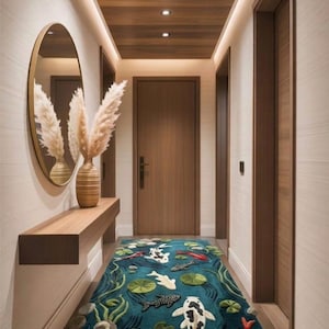 Alfombra artesanal con diseño de estanque de peces koi – Alfombra de lana con mechones, diseño de agua texturizada en 3D, alfombra de pasillo inspirada en la naturaleza.