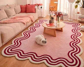 Luxury Hand-Tufted Scalloped Wool Rug | Pink  Red Wavy Border Carpet Modern Aesthetic Living Room & Bedroom Rug  Custom Size Large Area Rug