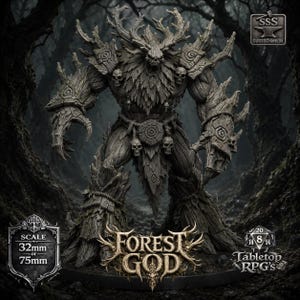 Könnte beinhalten: Eine graue, texturierte Figur eines baumartigen Wesens mit Geweih, Totenkopf-Akzenten und Klauenhänden. Der Sockel trägt den Text 'FOREST GOD' und 'SCALE 32mm or 75mm'. Ein Logo zeigt 'SSS GUSSSCHMIEDE' und ein weiteres 'Tabletop RPG's'.