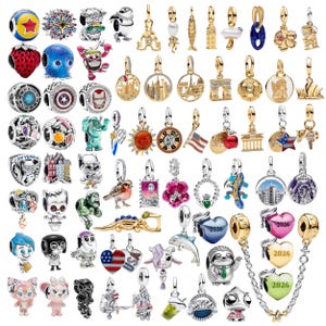 Può includere: Una collezione di ciondoli in metallo assortiti con vari design, tra cui personaggi dei cartoni animati, monumenti, articoli sportivi, cuori, animali e temi festivi, con alcuni pezzi che riportano l'anno 2026 e accenti in smalto colorato.