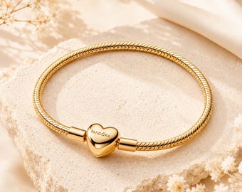 Pulsera de cadena tipo serpiente con cierre de corazón chapada en oro de 14 quilates, base de plata de ley S925, compatible con charms Pandora, regalo romántico de aniversario para mujer.