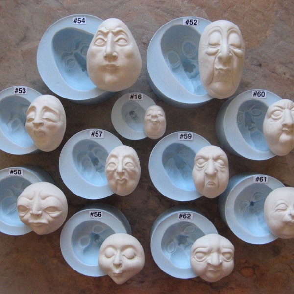 YOUR CHOICE - Food Grade Silicone Doll Face Cab Cabochon Mold of Spinster, Hag, Old Man or Woman, Mum, Aunt, Grandma (NOTE "cast" size)