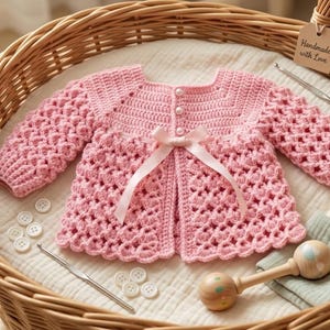 May include: A handmade pink crochet baby sweater with a bow, buttons, and a textured design, resting in a wicker basket. The image includes crochet hooks, buttons, and a wooden rattle, suggesting a baby-themed product.
