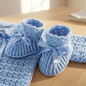 May include: A light blue, hand-crocheted baby set, featuring a sweater and a pair of booties. The booties are adorned with light blue satin ribbons tied in bows. The sweater has a button closure and matching ribbon ties. The set is displayed on a wooden surface.