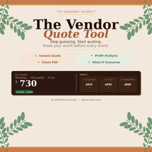 May include: A digital graphic for keepsake vendors, displaying "The Vendor Quote Tool." It offers features like instant quotes and profit analysis. The graphic shows a wedding quote of £730 with a profit of £480. The design includes floral elements.