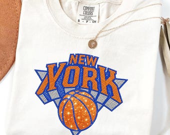 Faux Rhinestones NY Basketball T-Shirt, Retro Unisex Mens Womens, Comfort Colors New York Basketball Shirt