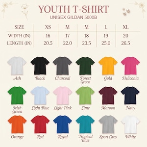 May include: A size chart for a youth t-shirt, Gildan 5000B, displaying width and length in inches for sizes XS through XL. Below the chart are eighteen t-shirts in various colours including ash, black, charcoal, forest green, gold, and others.