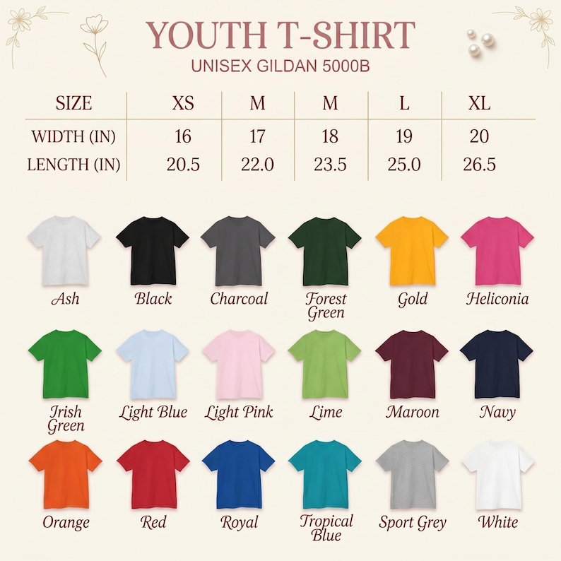 May include: A size chart for a youth t-shirt, Gildan 5000B, displaying width and length in inches for sizes XS through XL. Below the chart are eighteen t-shirts in various colours including ash, black, charcoal, forest green, gold, and others.