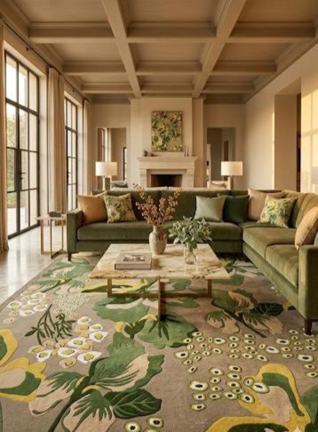 Botanical Area Rug, Green Floral Carpet, Nature Inspired Living Room ...